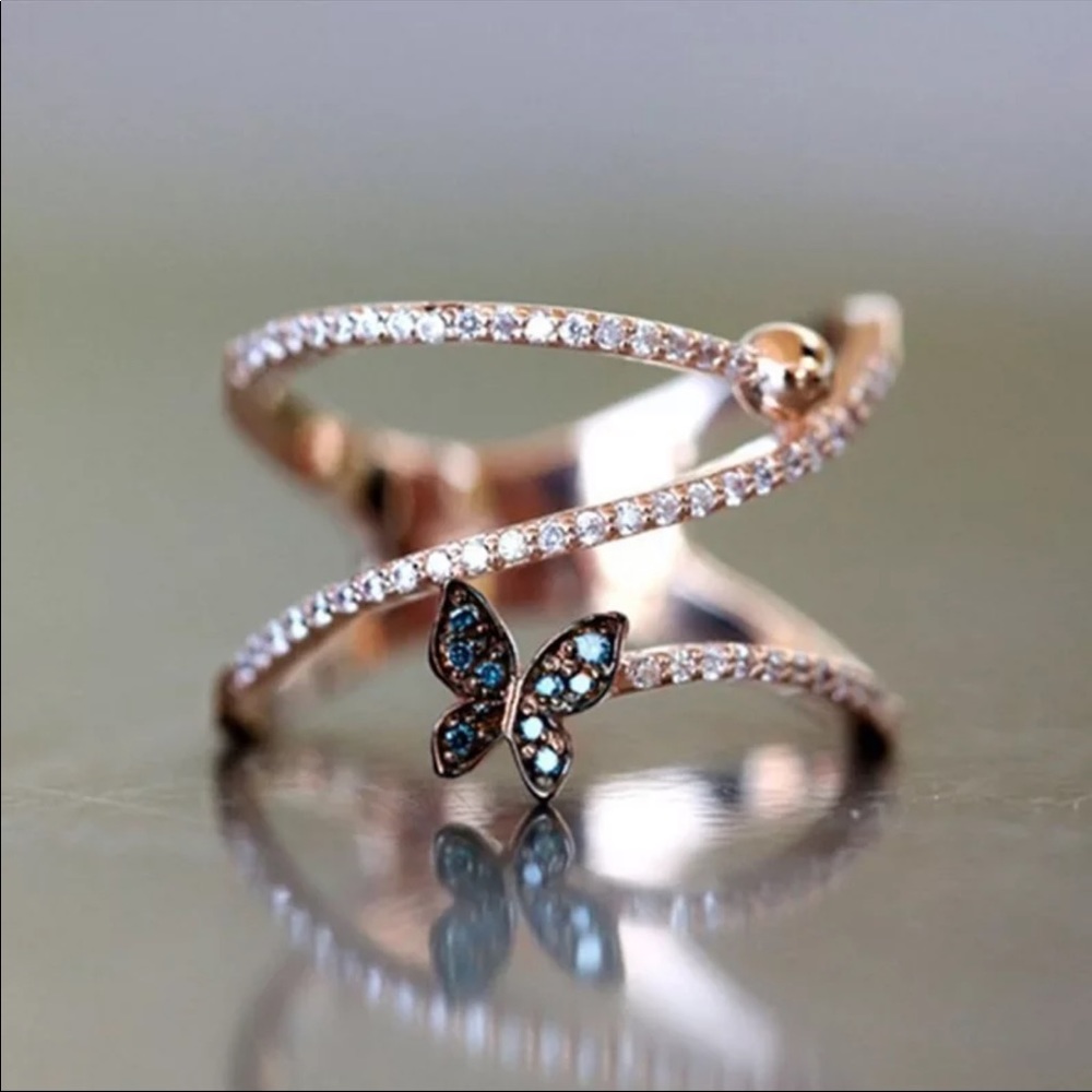 New 18K Rose Gold Butterfly Diamonds Ring - Picture 2 of 6